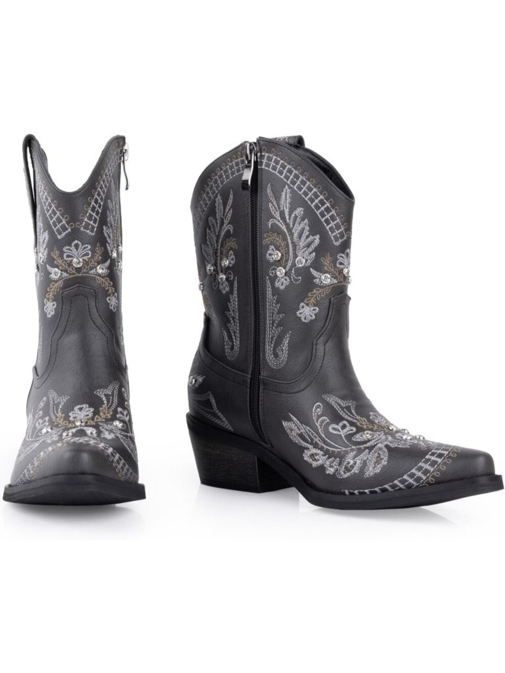 Women's Charcoal Embroidered Cowgirl Chunky Heel Side Zipper Western Booties - Picture 5 of 7